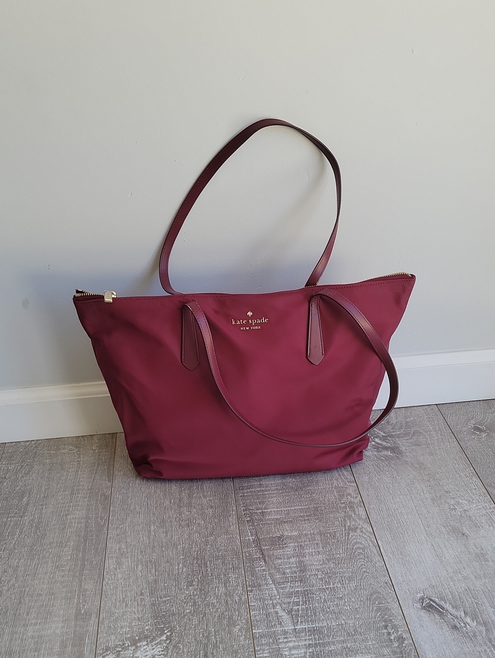 kate spade wine red nylon tote with leather straps
